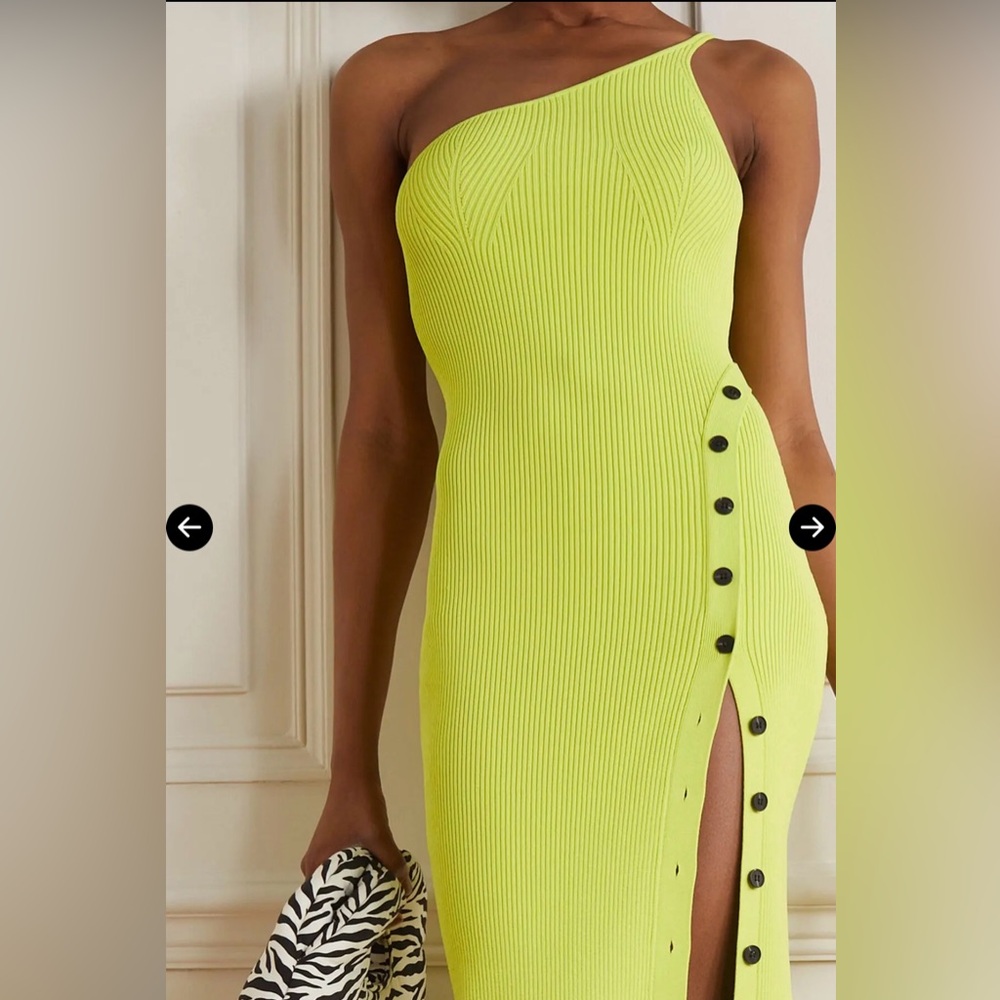 Self Portrait One - Shoulder Ribbed Knit Midi Dress Lime US 4 - Picture 3 of 6